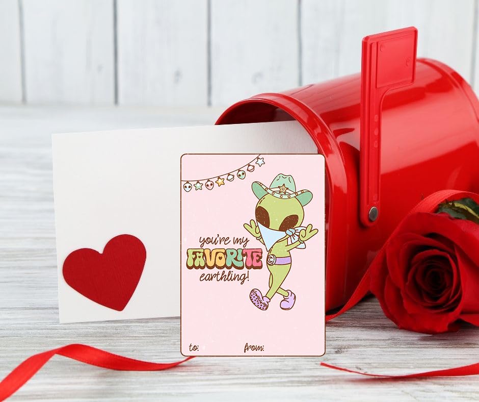 Retro Groovy Alien Valentine's Day Classroom Sharing Card Set of 24, Assorted Valentine Designs - You're My Favorite Earthling