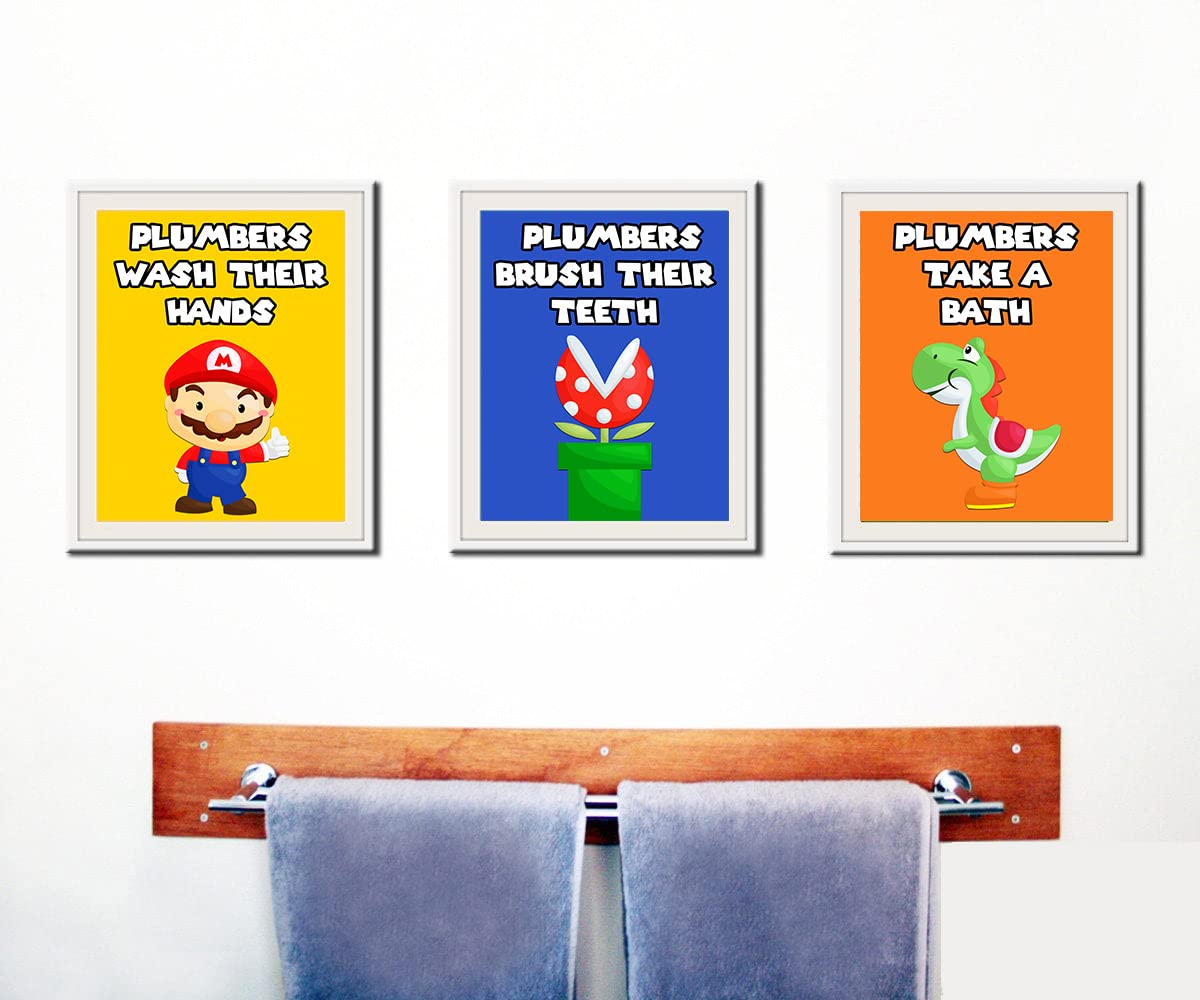 Plumber Brothers Video Game Bathroom Wall Art Prints - Set of 3