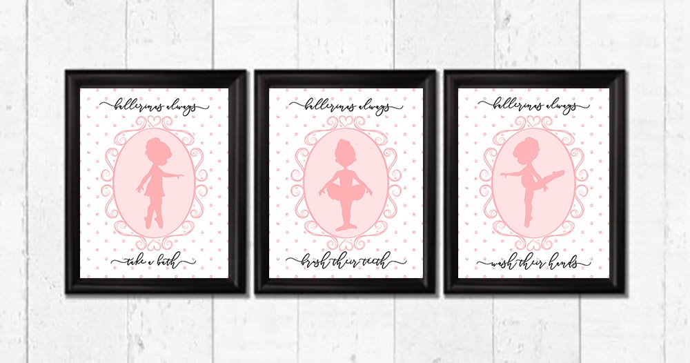 Adorable Ballerina Bathroom Wall Art Prints - Girls Set of 3