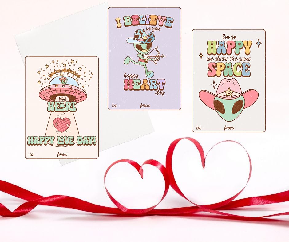 Retro Groovy Alien Valentine's Day Classroom Sharing Card Set of 24, Assorted Valentine Designs - You're My Favorite Earthling
