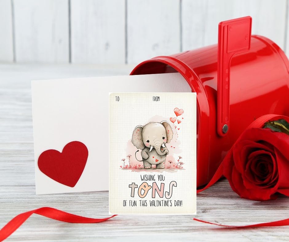 Watercolor Elephant Themed Valentine's Day Classroom Sharing Card Set of 24, Assorted Valentine Designs - Sending you a BIG Hug, Love you TONS