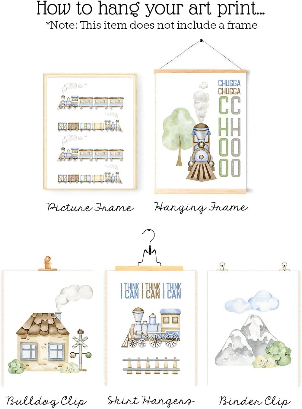 Choo Choo Train Themed Wall Art Prints (Set of 6) Nursery Kids Room Decor 8x10in