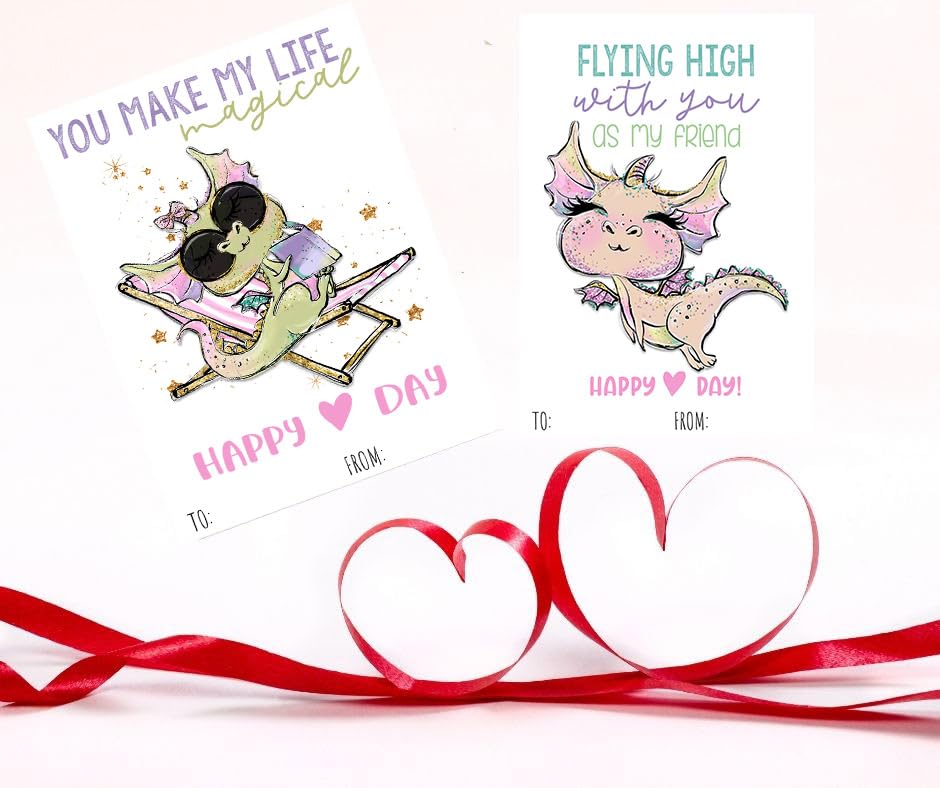 Colorful Fun Dragon Themed Valentines Day Card Pack (Set of 24) Classroom Valentine's Party for Kids School Sharing Exchange Class