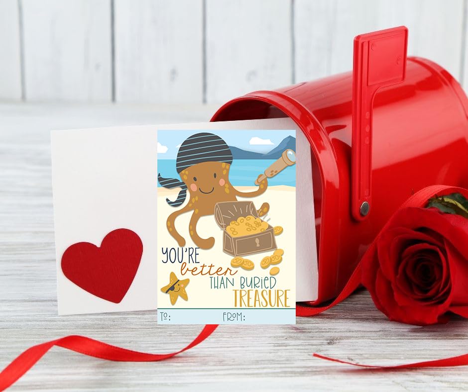 Pirate Watercolor Themed Valentines Day Card for Kids School Classroom Exchange (Set of 24) School Class Work Party