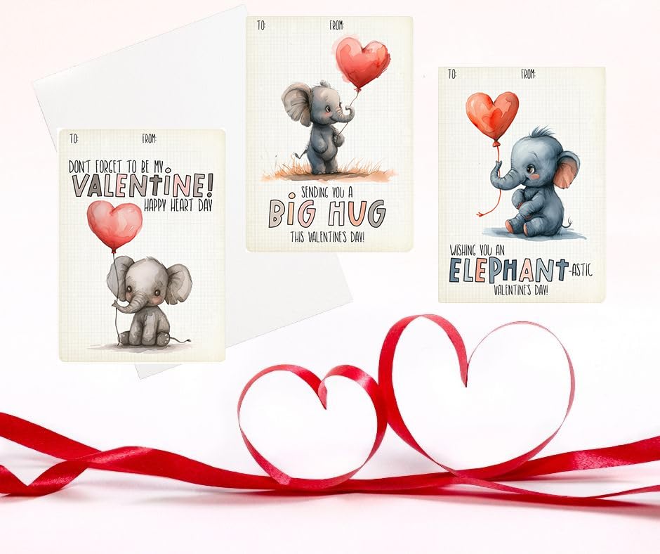 Watercolor Elephant Themed Valentine's Day Classroom Sharing Card Set of 24, Assorted Valentine Designs - Sending you a BIG Hug, Love you TONS