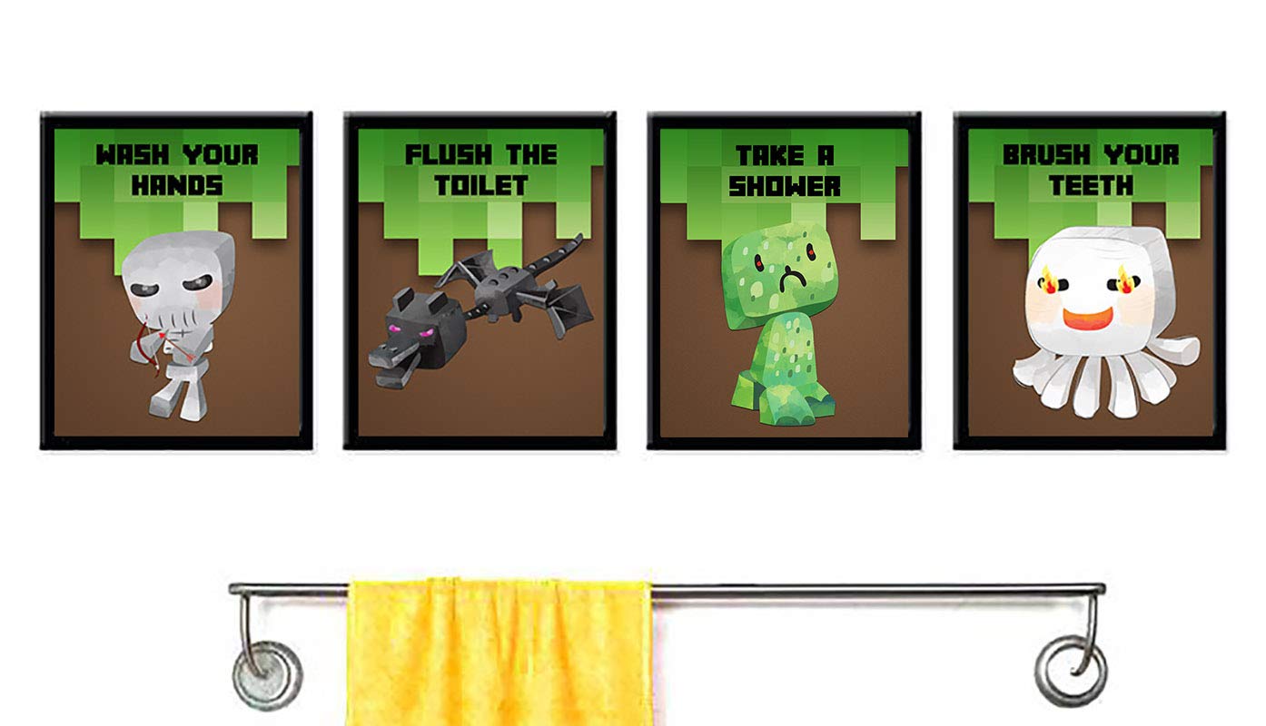 Video Game Pixel Miner Mining Wall Art Prints Poster Sign Bath Bathroom Decor (Set of 4) Fun Reminders Set