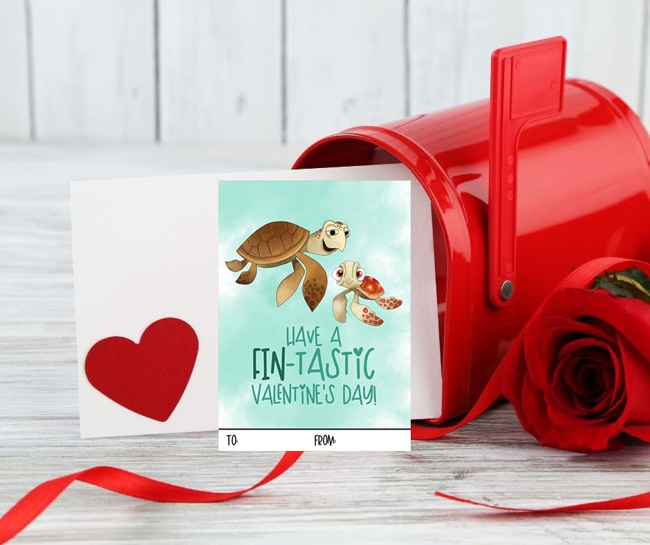 Fish Themed Valentines Day Card for Kids School Classroom Party Exchange (Set of 24) Bulk Valentine's Lot for Friends Work School Class