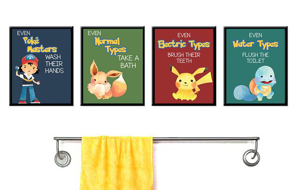 Even Electric Types Brush Teeth Take A Bath Wash Hands Bathroom Wall Art Decor Prints Reminder Sign (Set of Four) Pocket Monster