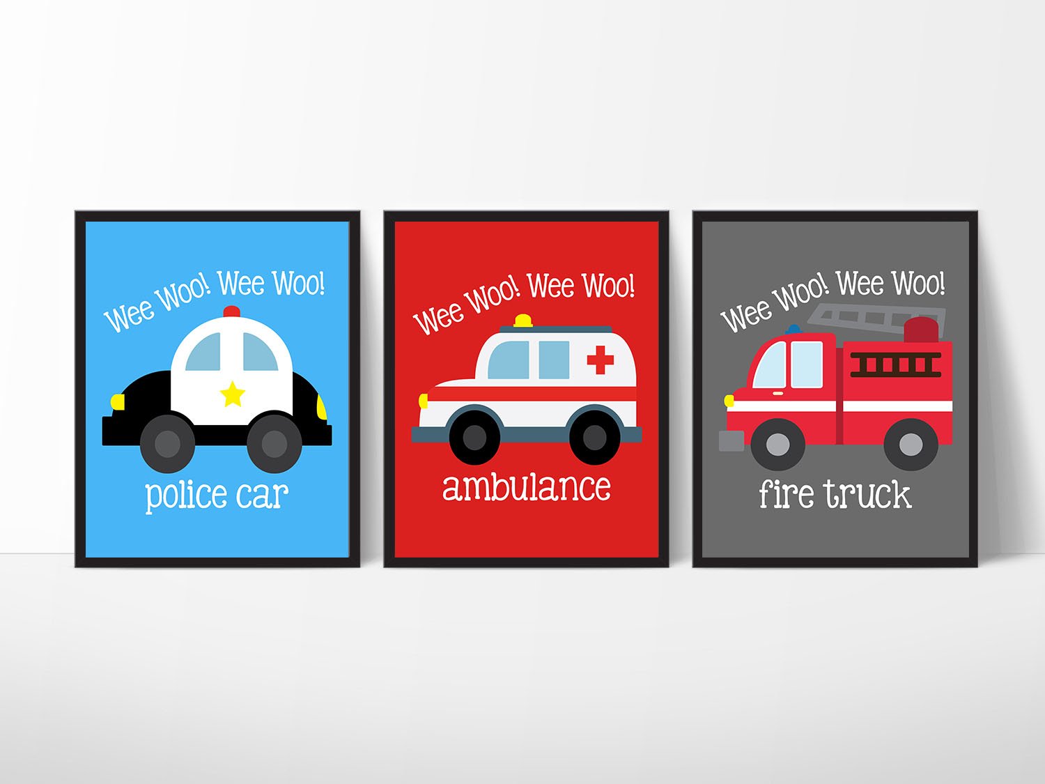 Emergency Vehicle Themed Art Prints Wall Decoration (Set of Three) Fire Truck Police Car Ambulance