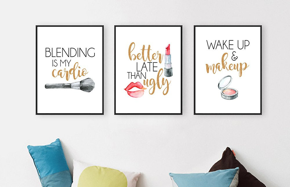 Better Late Than Ugly - Makeup Wall Art Prints, Set of 3, 8x10