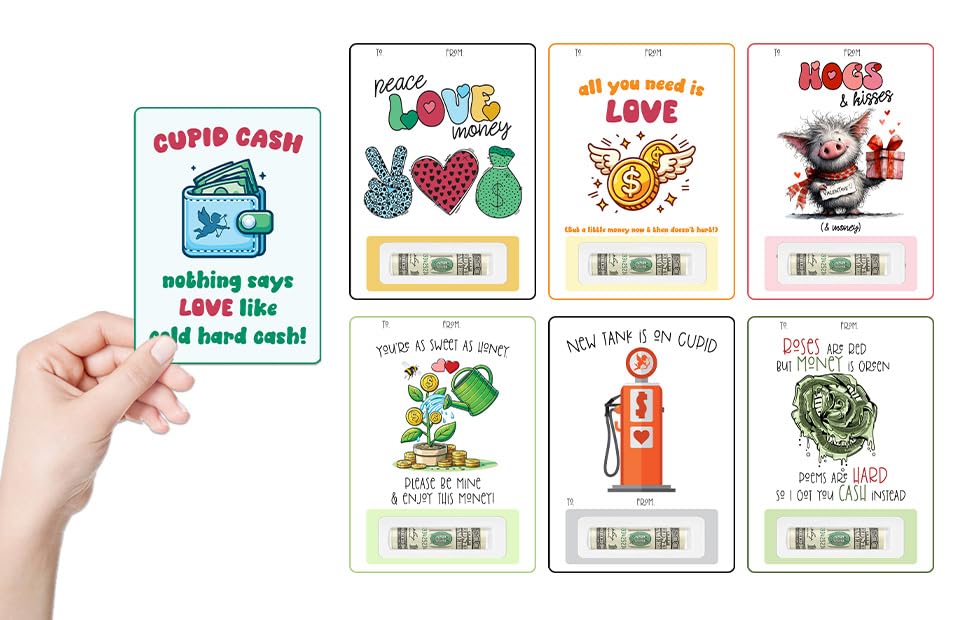Funny Valentine money holder cards set of 6 with plastic domes for cash gifts