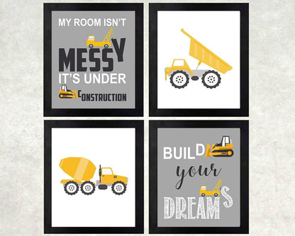 Silly Goose Gifts Grey Construction Truck Themed Art Print Room Wall Decoration (Set or Four) No Frames Decor Poster