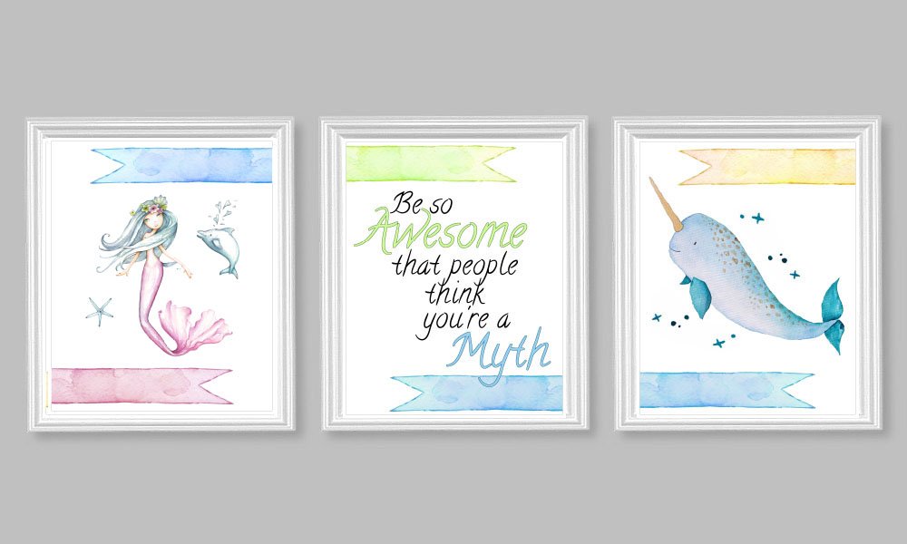 Be So Awesome People Think You're A Myth Narwhal & Mermaid Prints - Set of 3