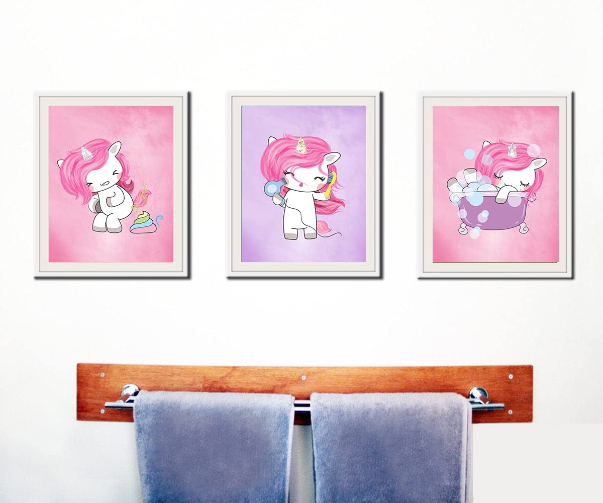 Magical Unicorn Bathroom Wall Art Decor (Set of Three) Poop Bathtub Blow Dryer Hair