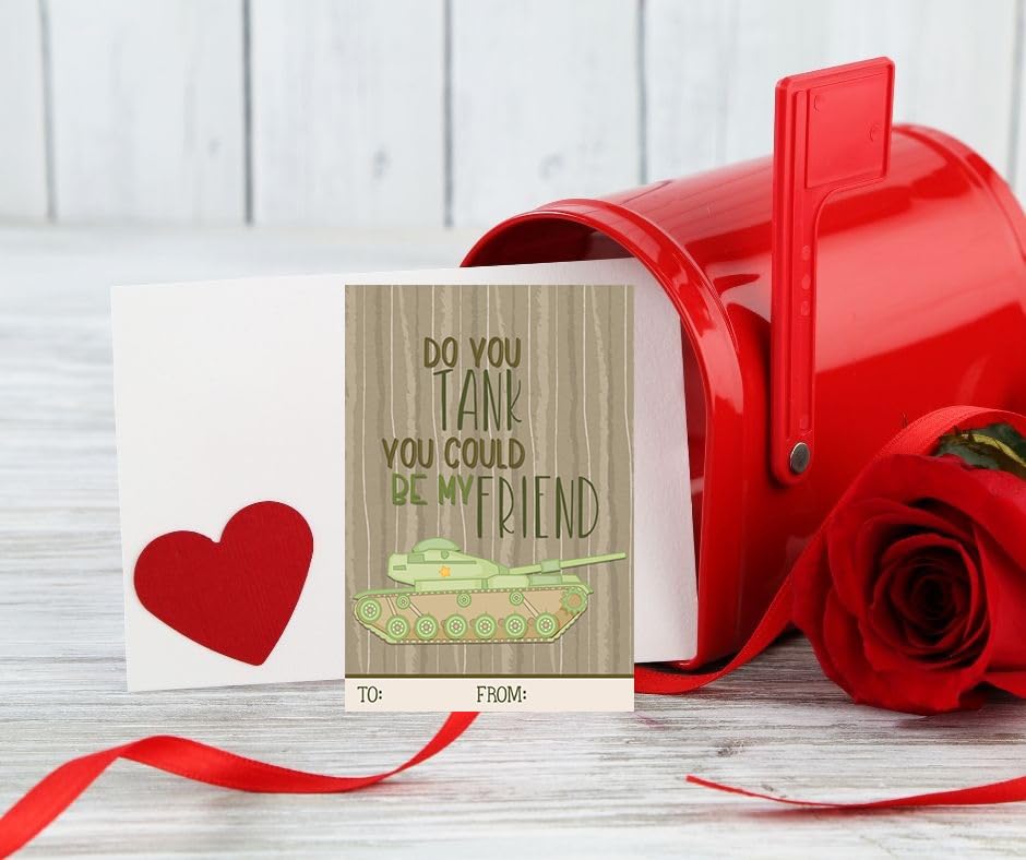 Army Military USA Themed Valentine's Day Card Set (Set of 25) Valentine Classroom Sharing Exchange Gift Giving Kids Camo Flag Tank