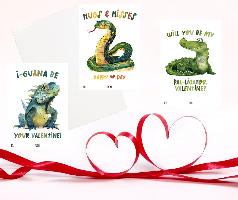 Reptile Valentine Day Classroom Sharing Cards (Set of 24) Valentine's Class Party Exchange - Snake Frog Alligator Lizard Turtle