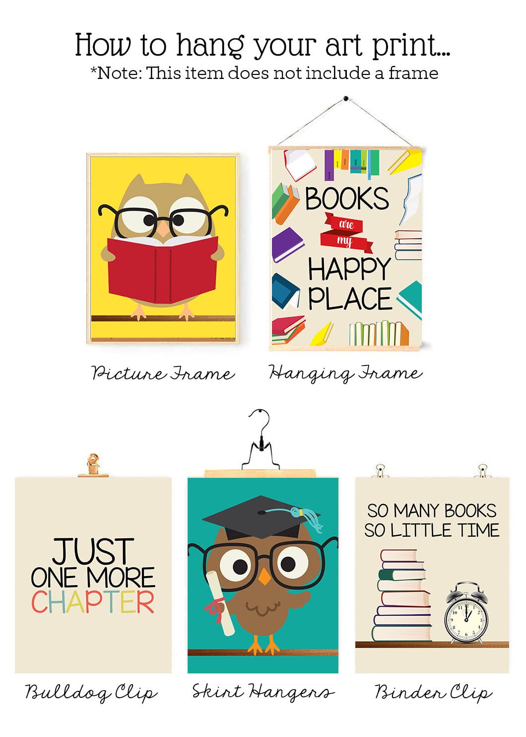 Books Are My Happy Place - Reading Owl Wall Art Prints, Set of 8