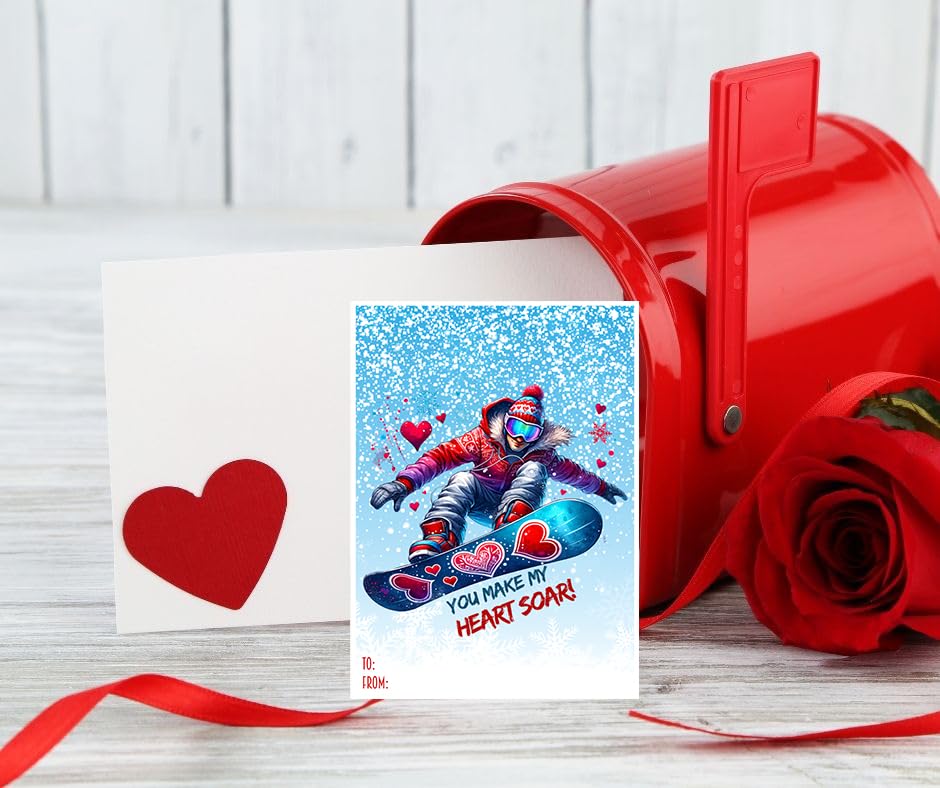 You Make My Heart Soar - Ski Snowboard Sports Themed Valentines Day Card for Kids School Work Classroom Valentine's Class Party Exchange