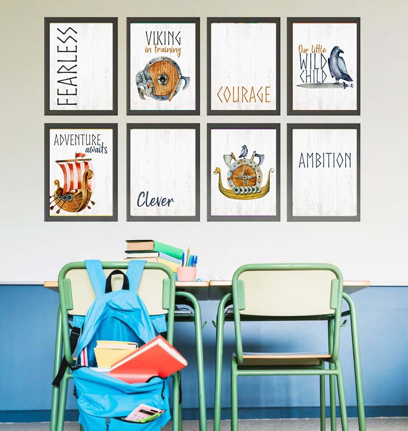 Viking Nursery Wall Art Prints - Set of 8, 8x10 Nordic Watercolor Kids Decor