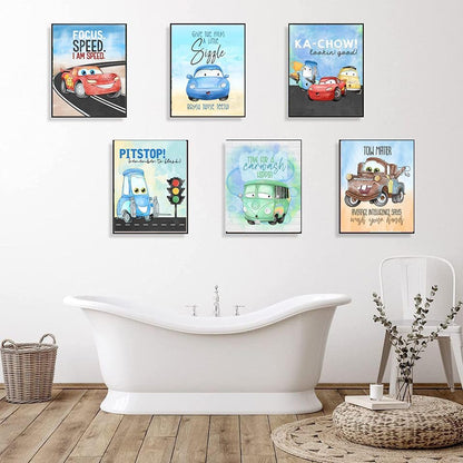 Colorful Cars Movie Themed Bathroom Wall Art Print Decor, Bath Reminders