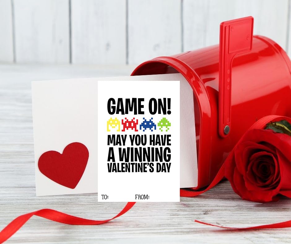 Neon arcade themed Valentine card reading game on for kids classroom party