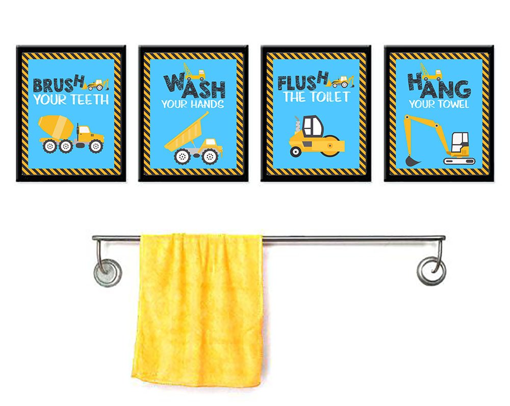 Construction Truck Bathroom Wall Art Prints - Kids Set of 4