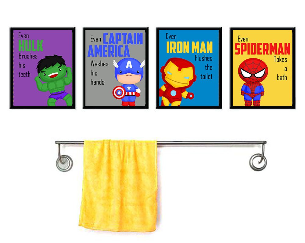 Superhero Bathroom Character Themed Wall Art Print Decor - Bath Accessories Funny Rules Reminders Boys Restroom Movie Video Game Pictures