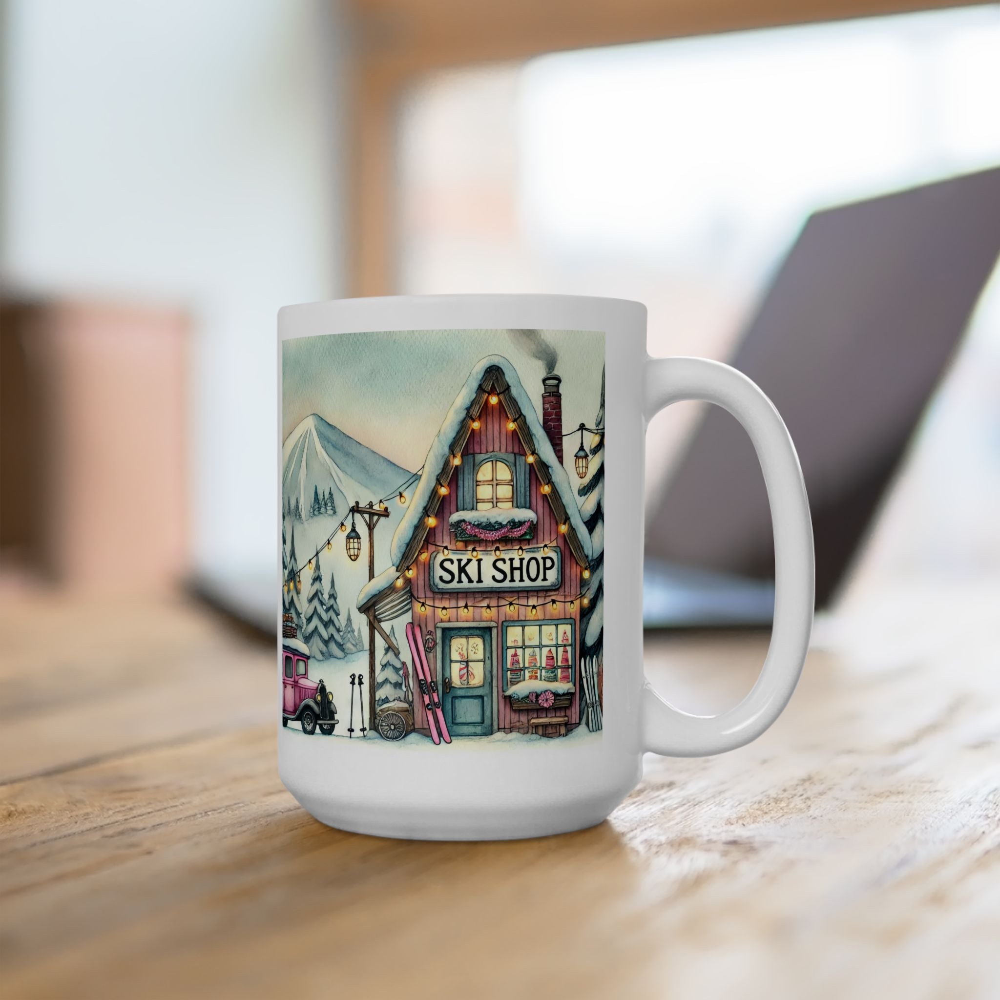 Cozy Holiday Snowy Vintage Ski Shop Winter Village Ceramic Mug  (11oz/15oz)