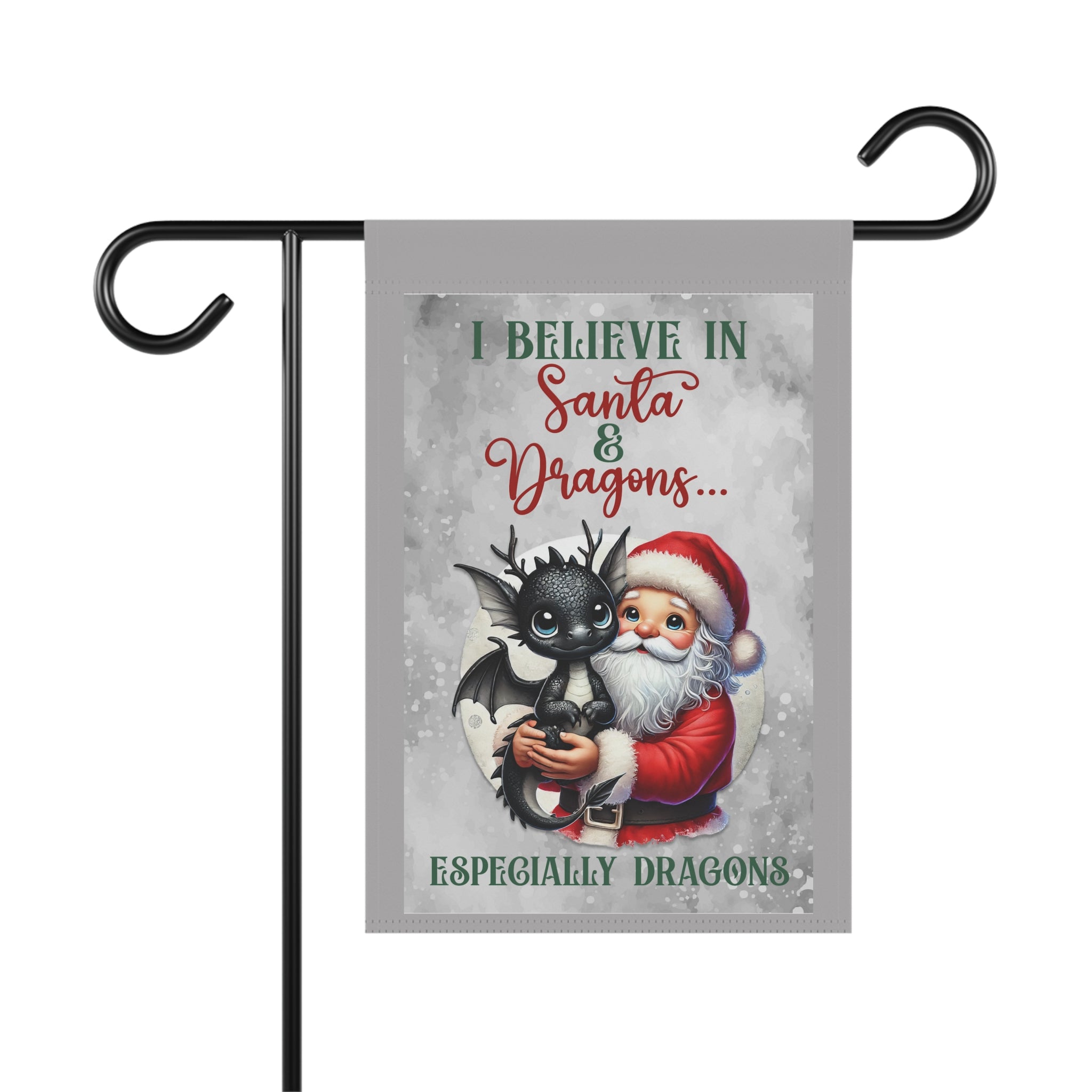 I Believe in Santa and Dragons funny Christmas garden flag with Santa and pet dragon, 12x18 winter yard decor