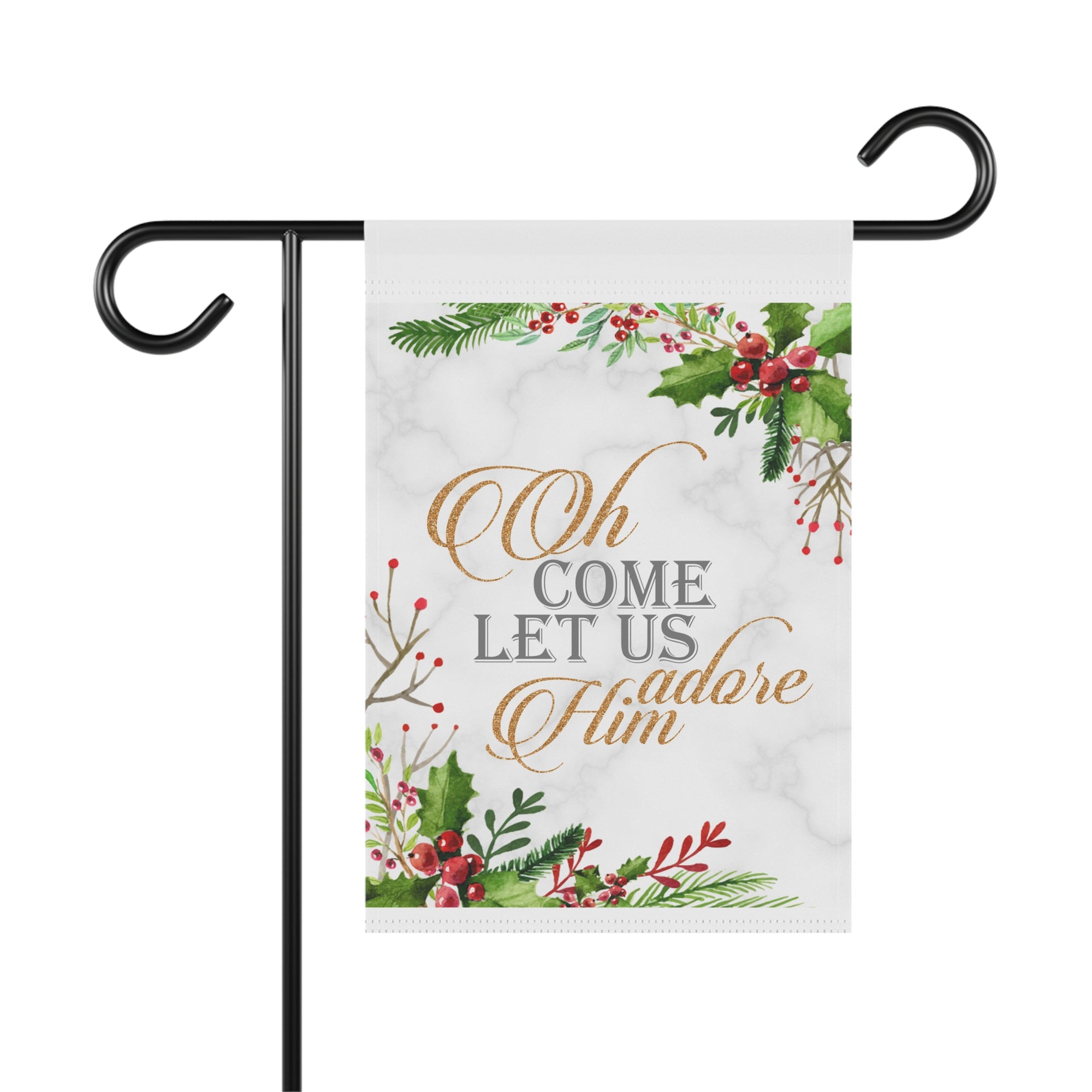 Oh Come Let Us Adore Him watercolor floral and berries Christmas garden flag, 12x18 winter yard decor