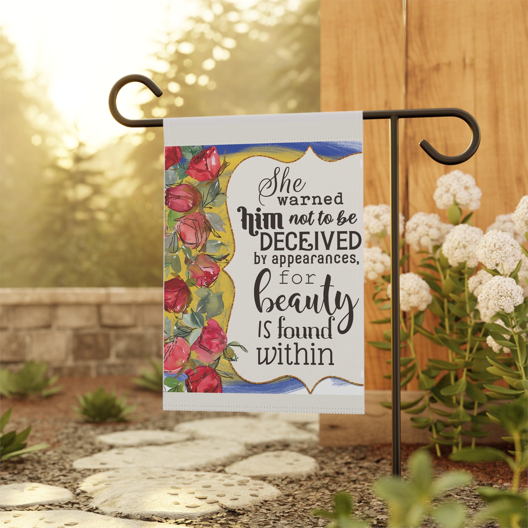 Vintage rose garden flag displayed outdoors on a cottage porch