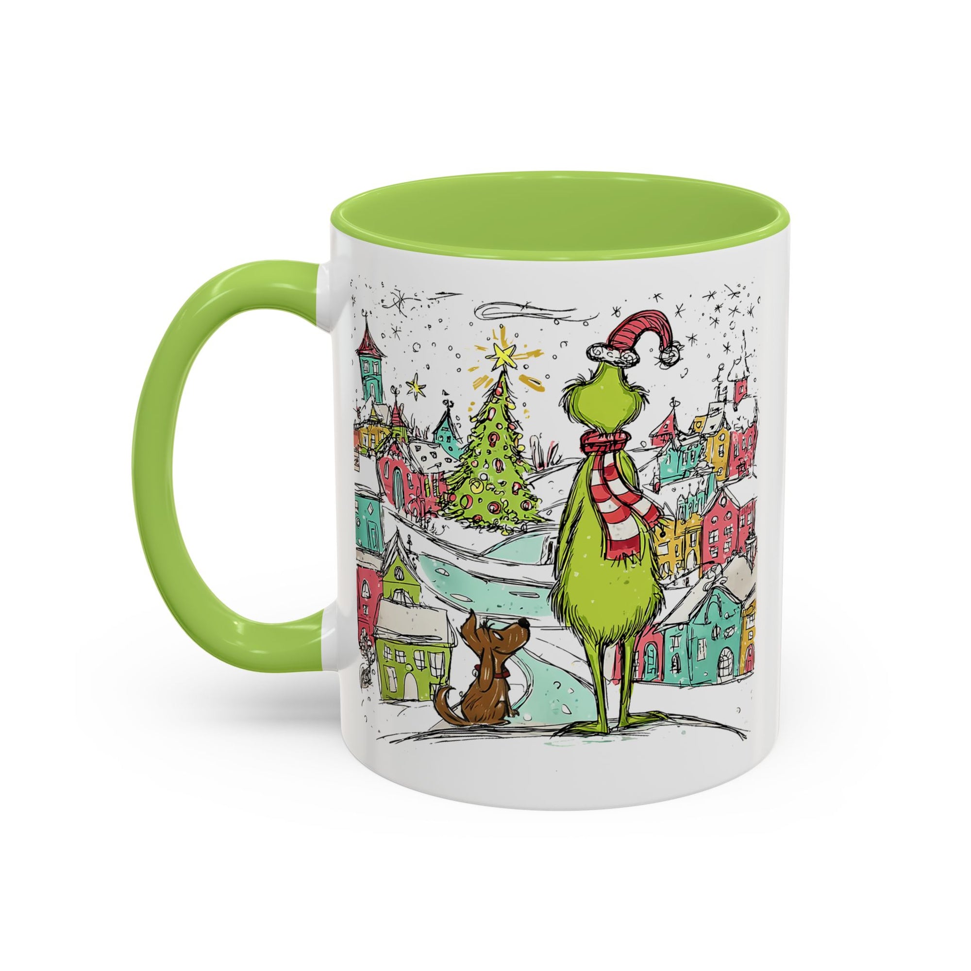 Mug with a festive design featuring a character and dog in a snowy village scene.