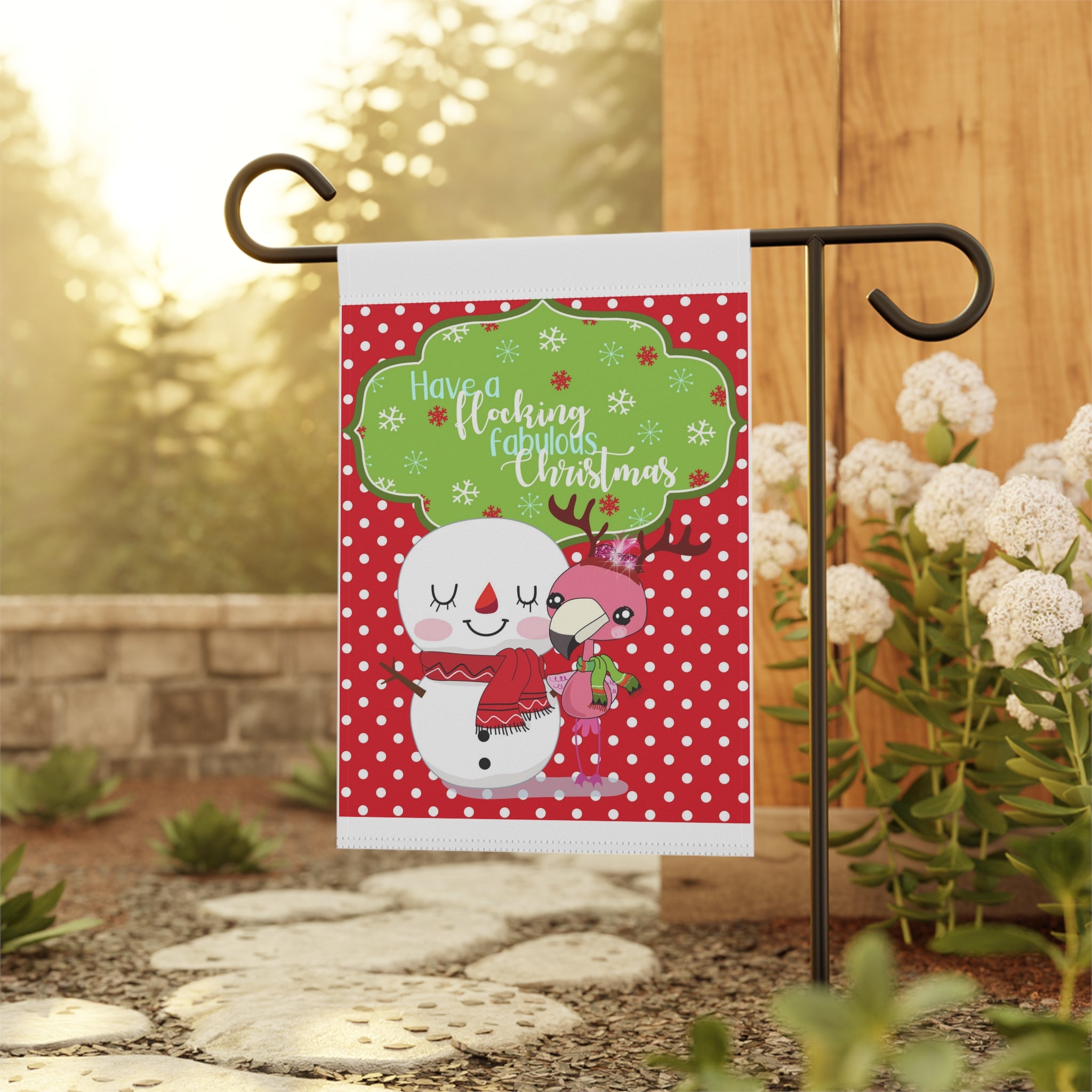 Have a Fabulous Flocking Christmas Garden Flag 12x18 – Cute Flamingo Snowman House Yard Decor