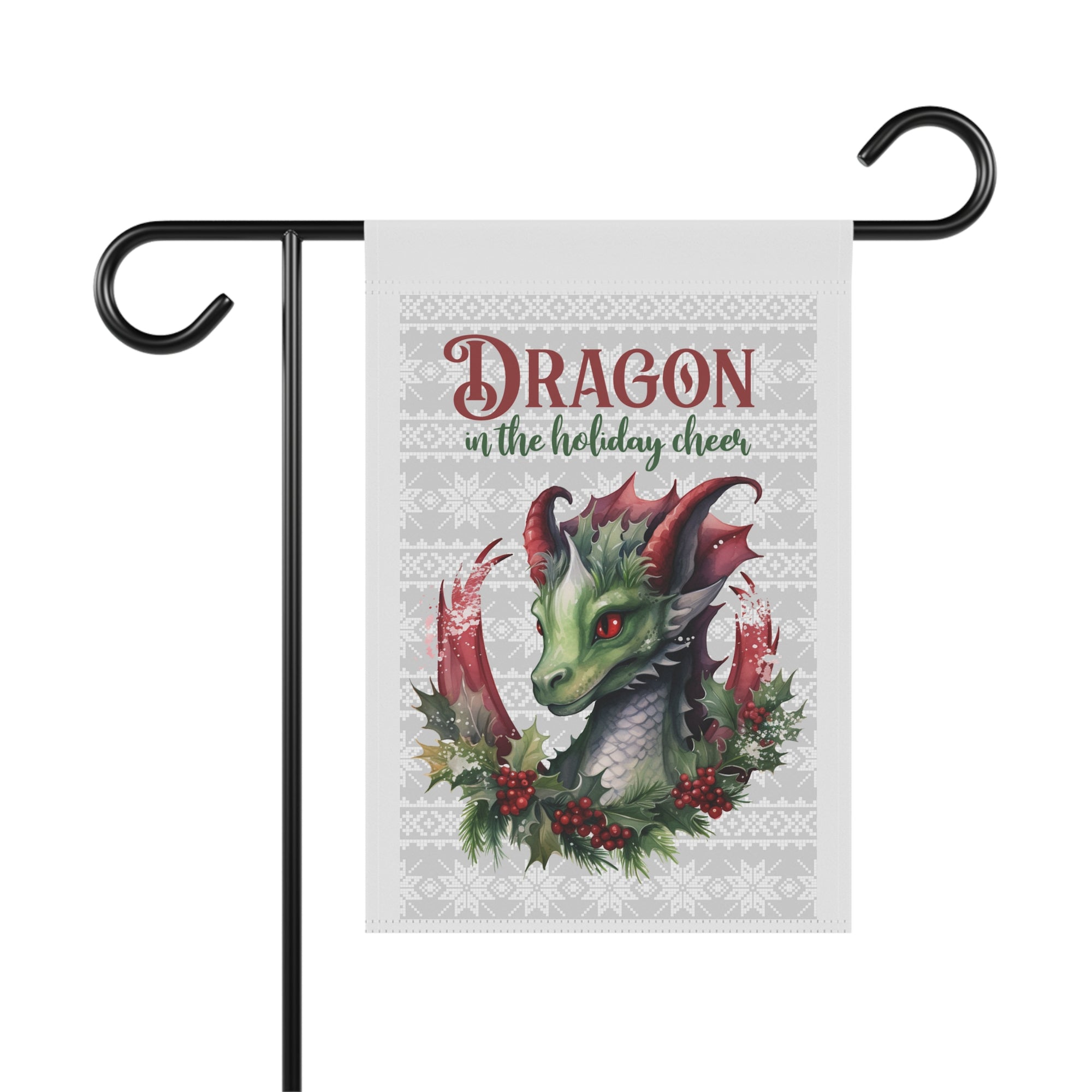 Dragon In The Holiday Cheer funny watercolor Christmas garden flag, 12x18 winter yard decor