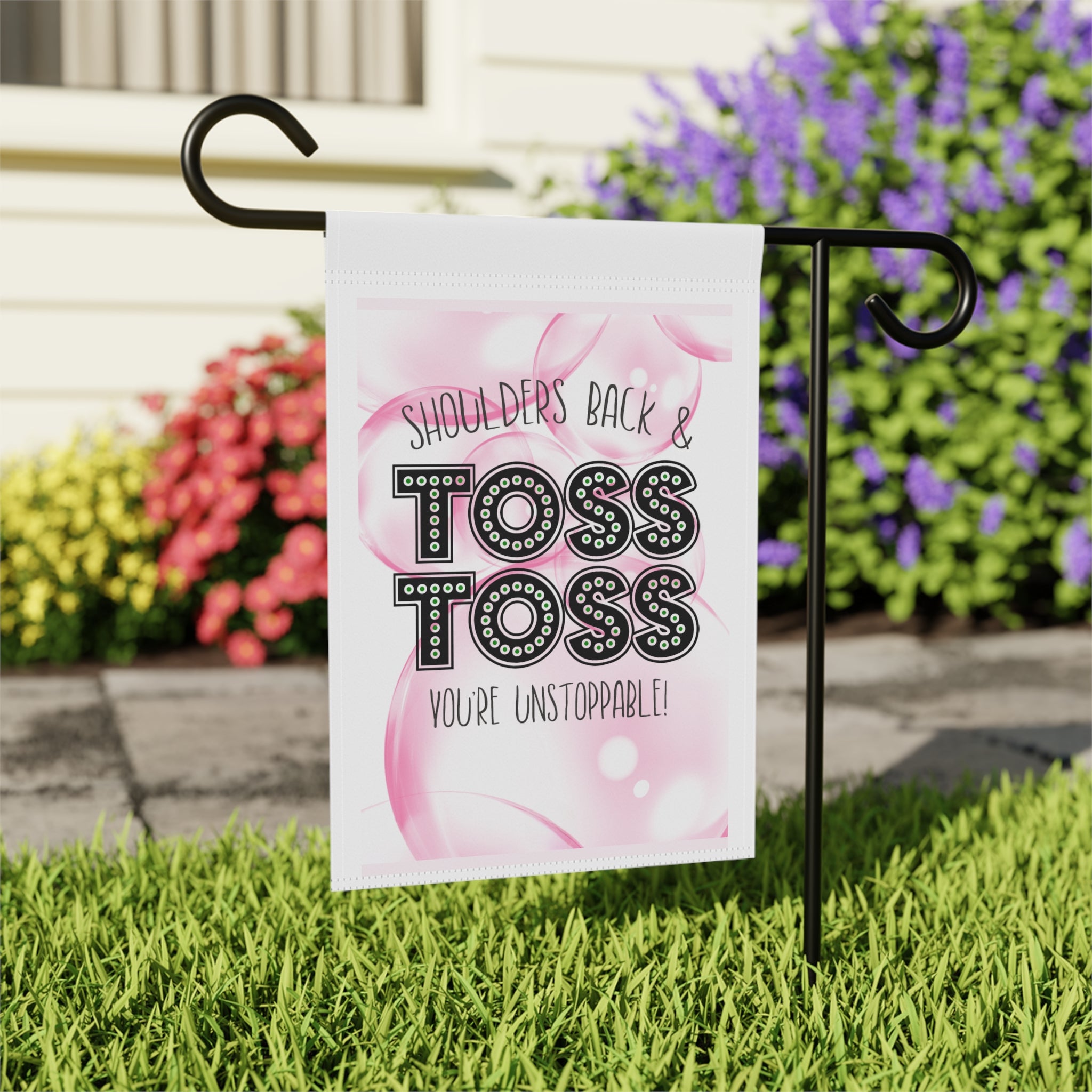 Pink Shoulders Back Toss Toss Garden Flag 12x18 – Bubbles Musical Yard Decor