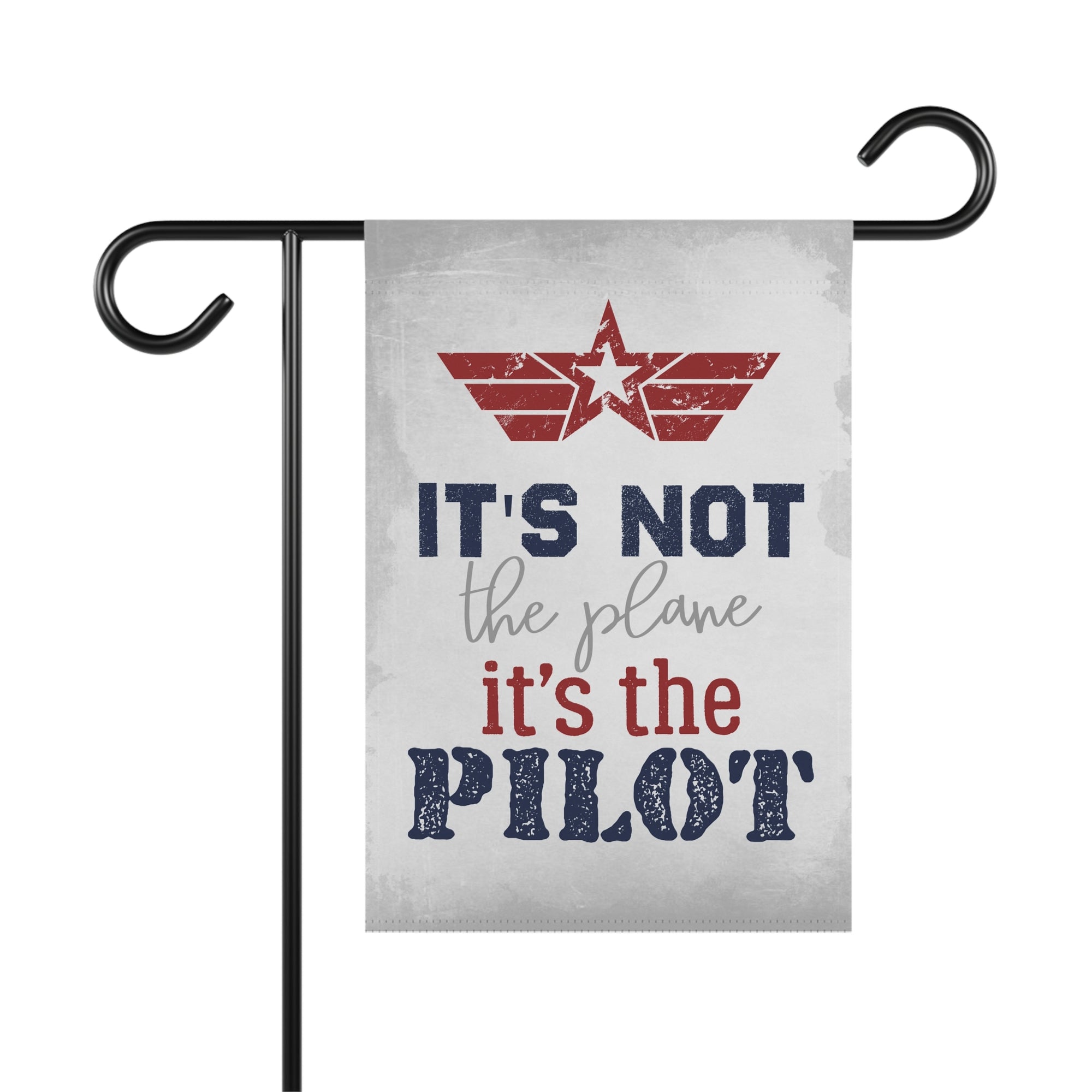 Decorative garden flag with airplane design and text on a white background