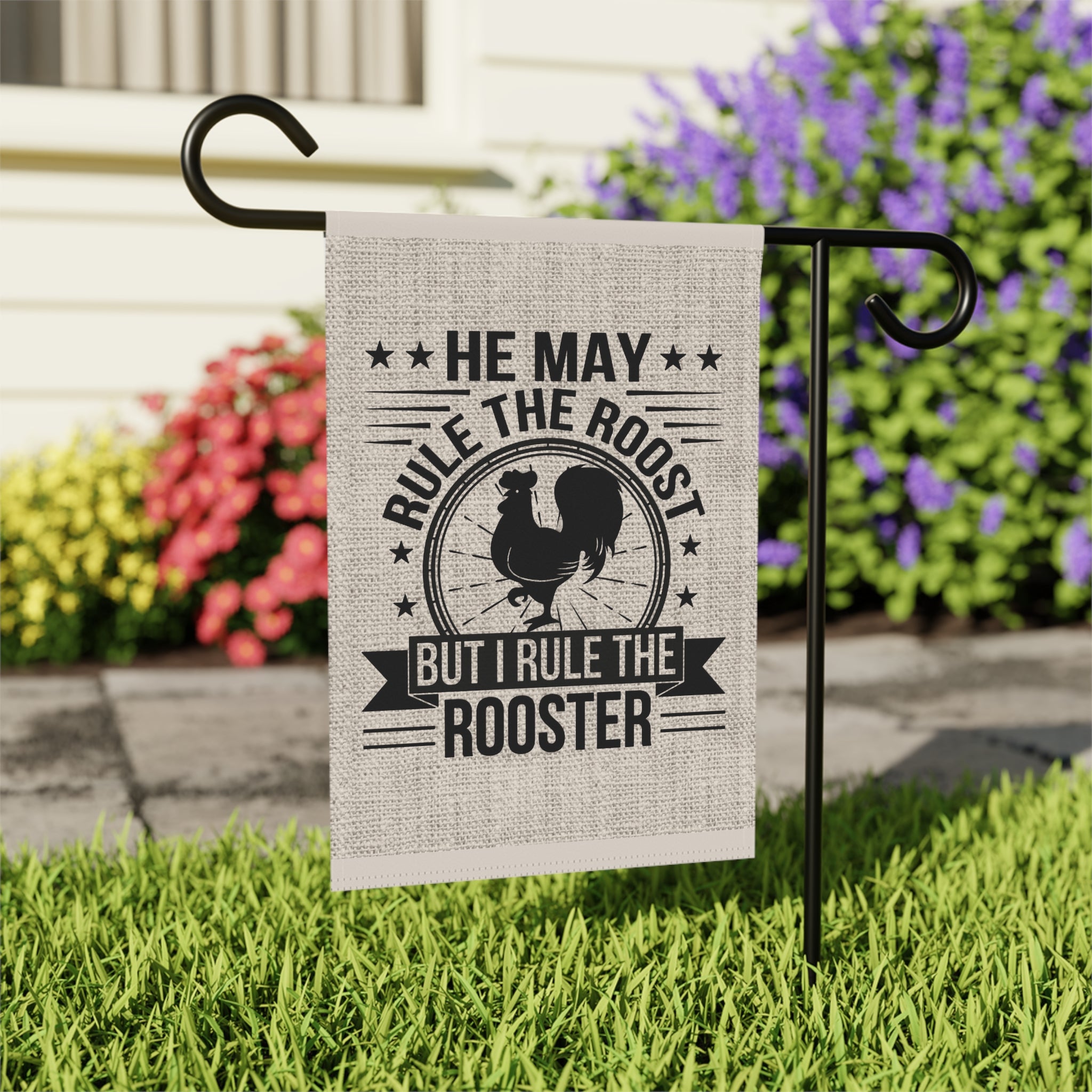 Close-up of He May Rule The Roost rooster garden flag with hand-drawn chicken detail