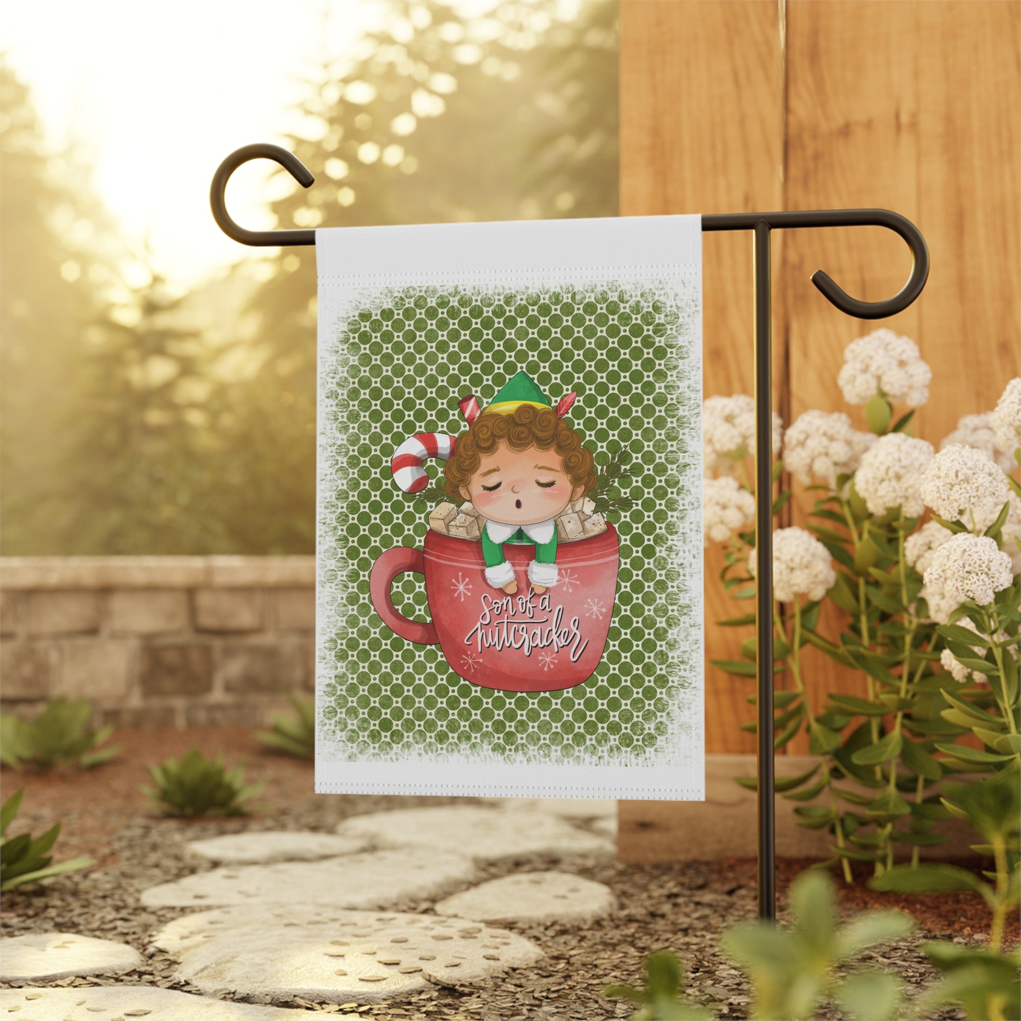 Darling Elf in a Cocoa Mug Christmas Garden Flag 12x18 – Funny Winter House Yard Decor