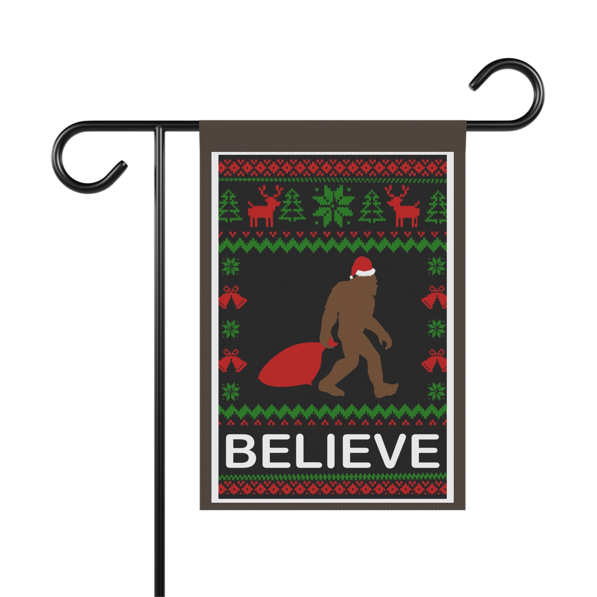 Believe in Christmas and Bigfoot funny Sasquatch garden flag, 12x18 winter yard decor