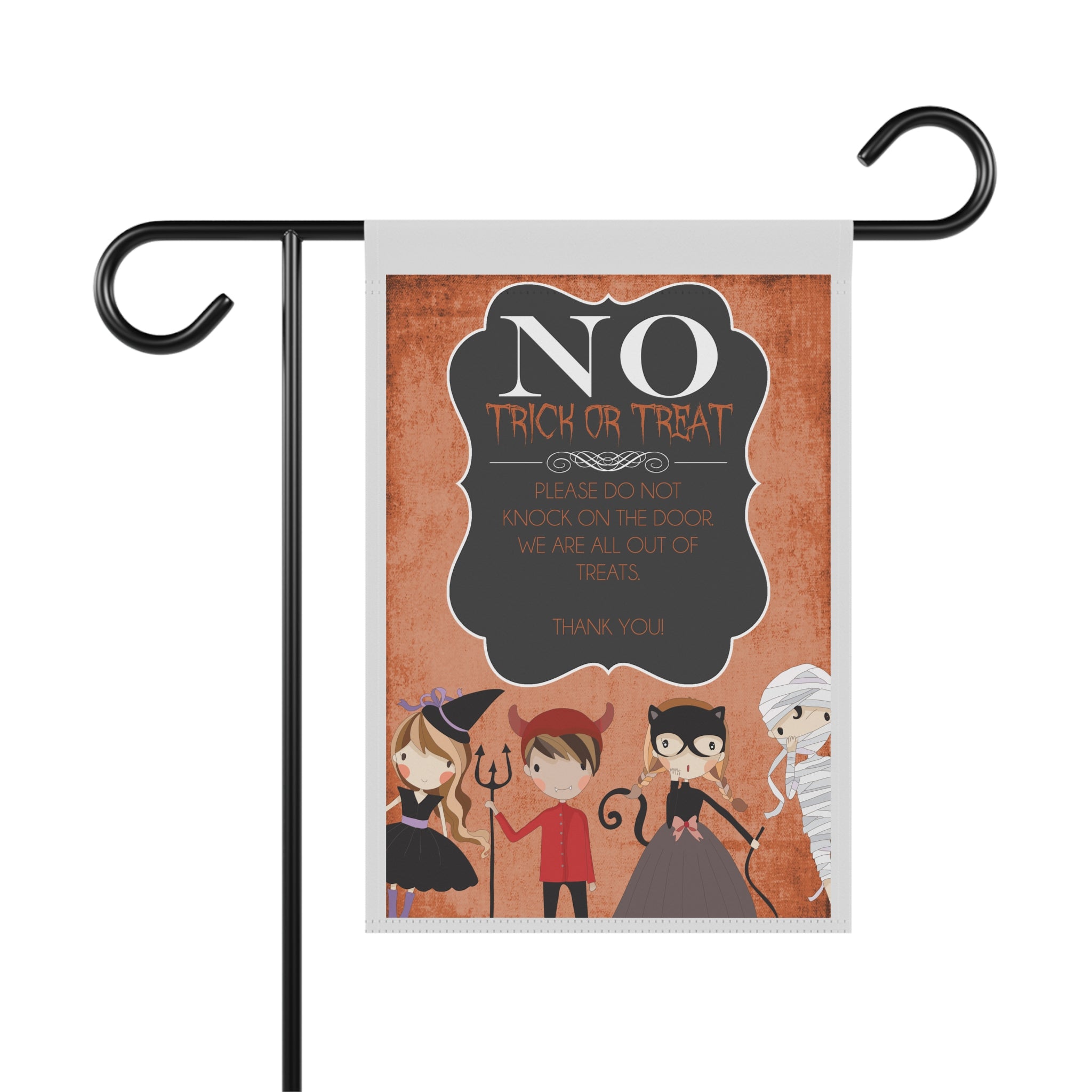 No Trick or Treat cute out of candy Halloween garden flag, 12x18 yard decor
