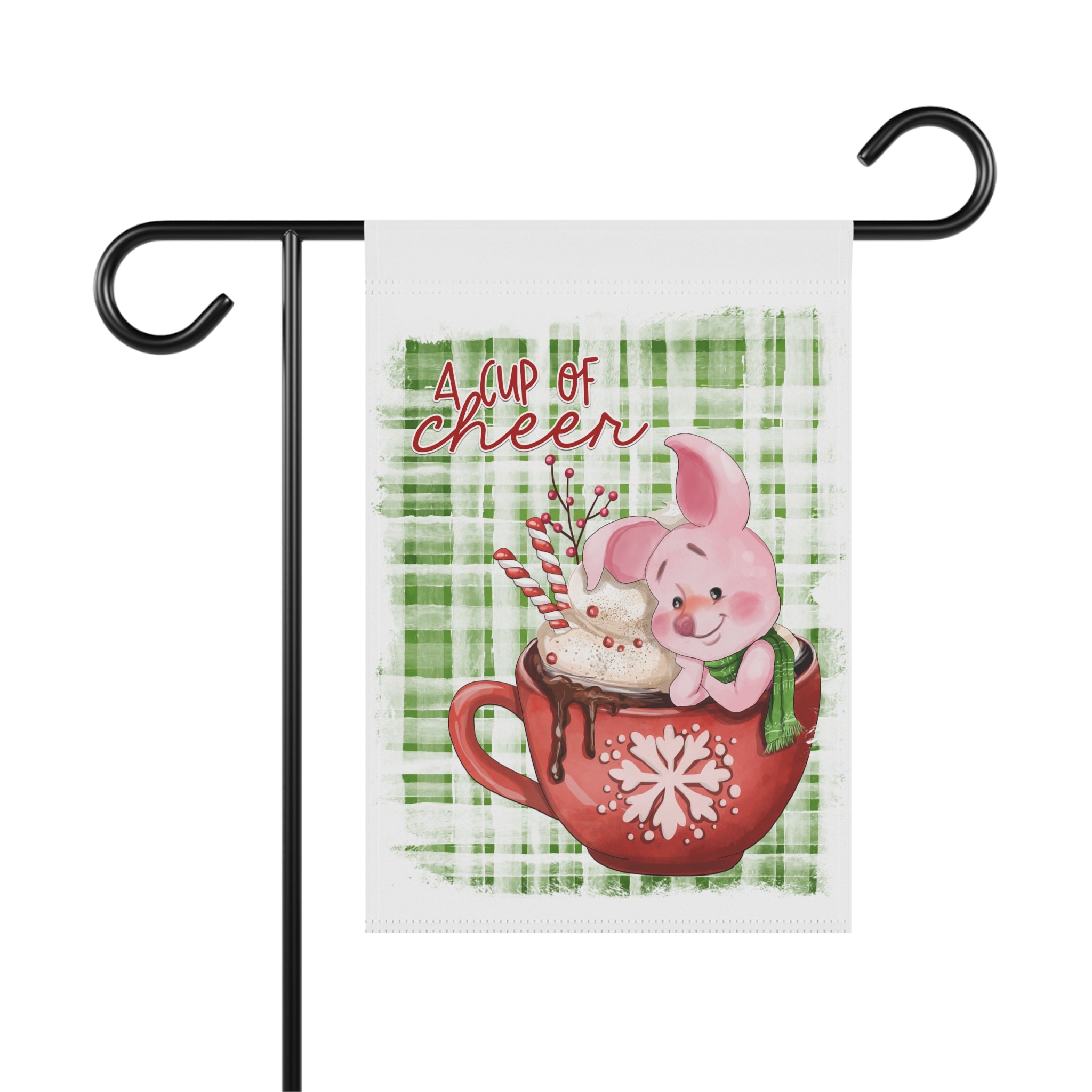 Cup of Cheer Cocoa Mug Christmas Garden Flag 12x18 – Cute Pig House Yard Decor