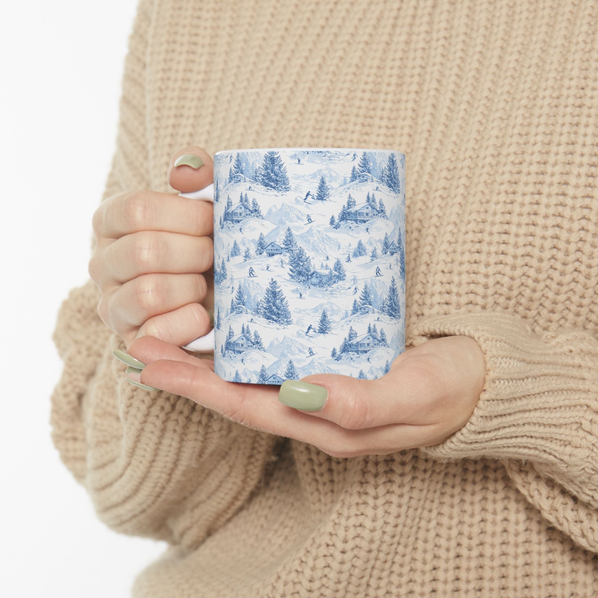 Winter Pines Ceramic Mug — Blue Snowy Ski Mountain Forest Coffee Cup (11oz, 15oz)