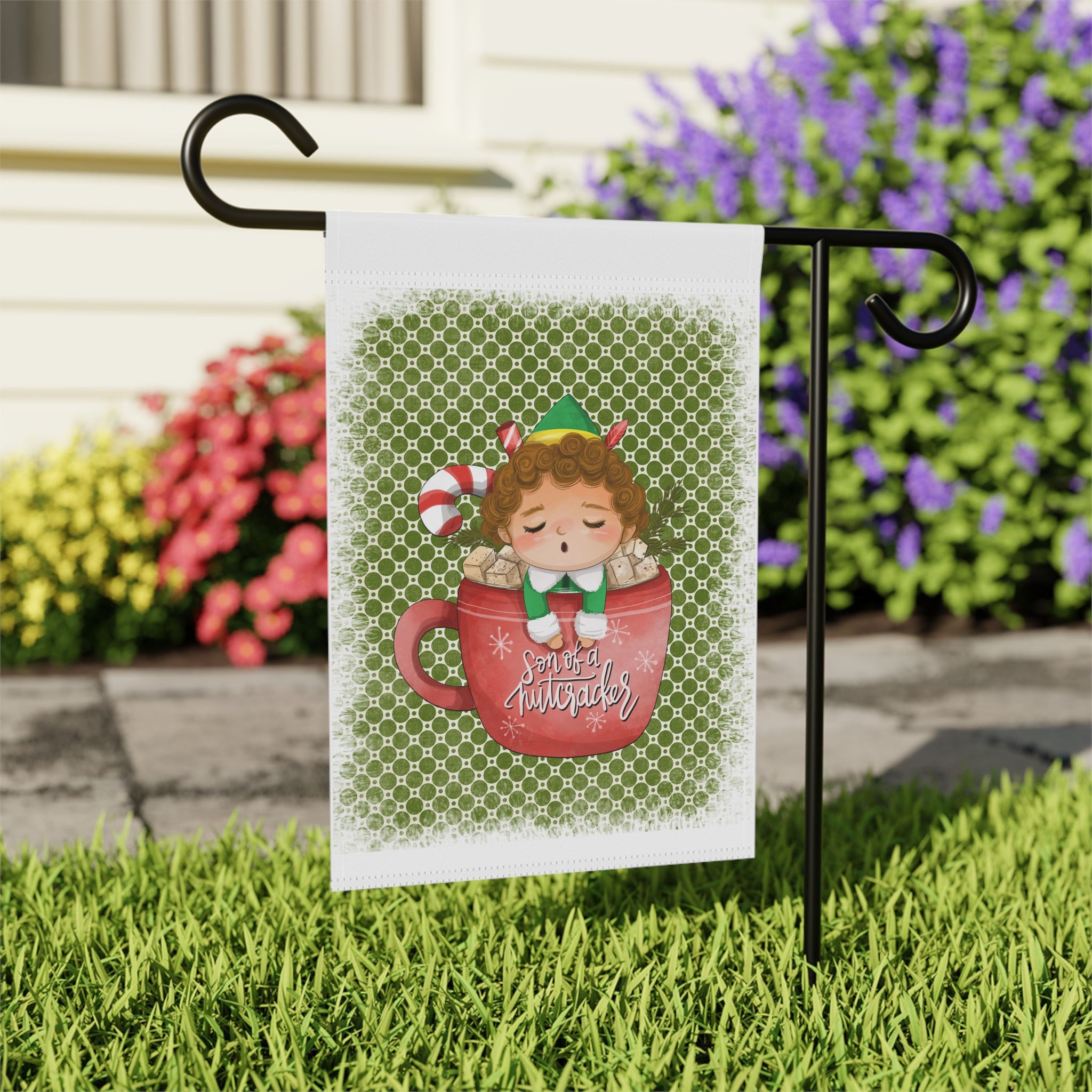 Darling Elf in a Cocoa Mug Christmas Garden Flag 12x18 – Funny Winter House Yard Decor