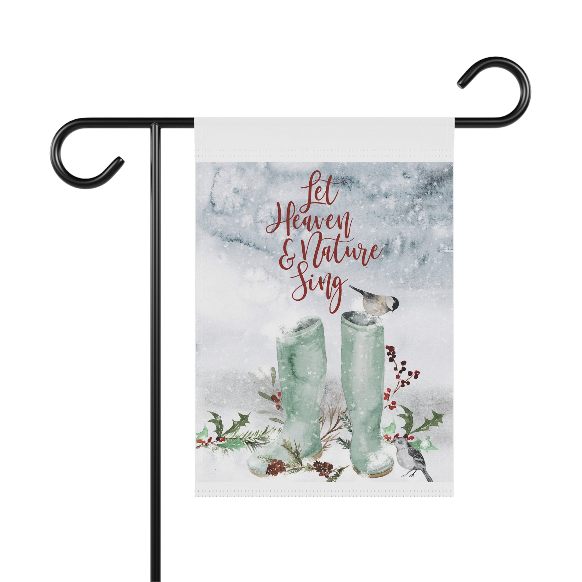 Let Heaven and Nature Sing watercolor birds berries and floral Christmas garden flag, 12x18 winter yard decor