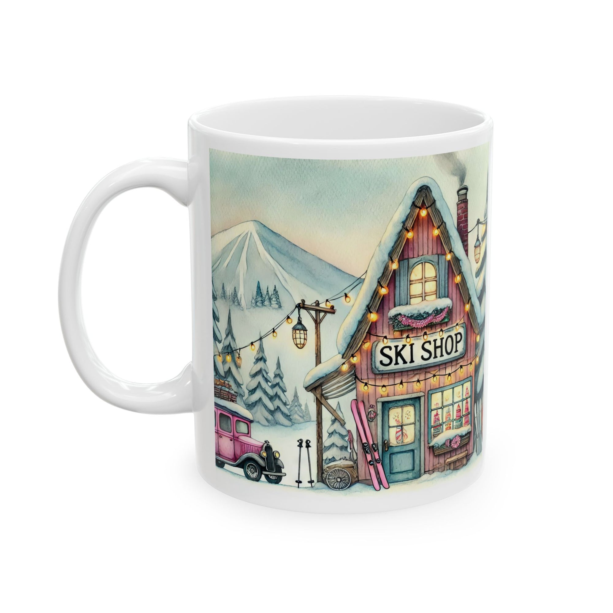 Mug with a winter scene featuring a ski shop and mountain landscape.