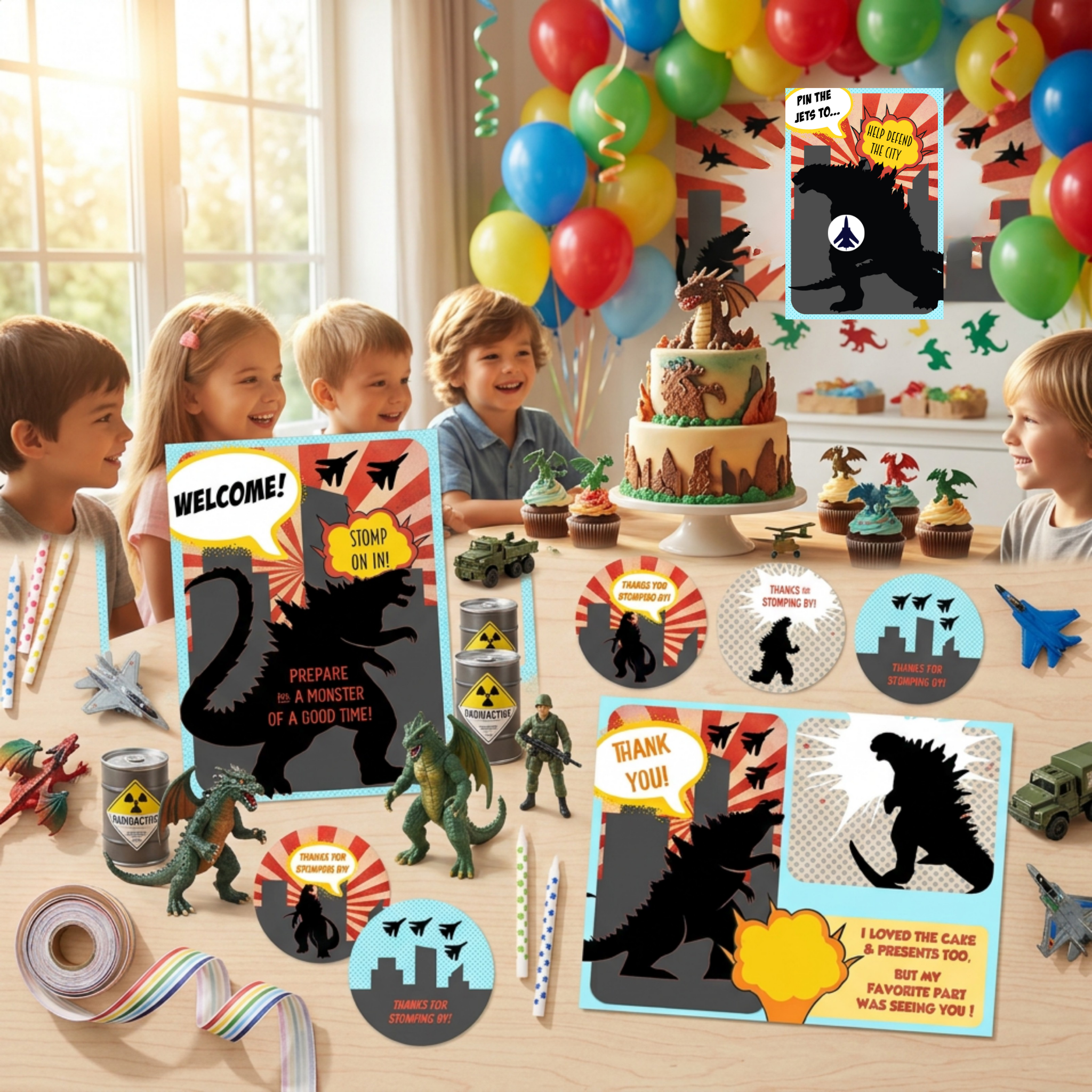 Retro monster space party decorations laid out showing coordinated sci-fi theme