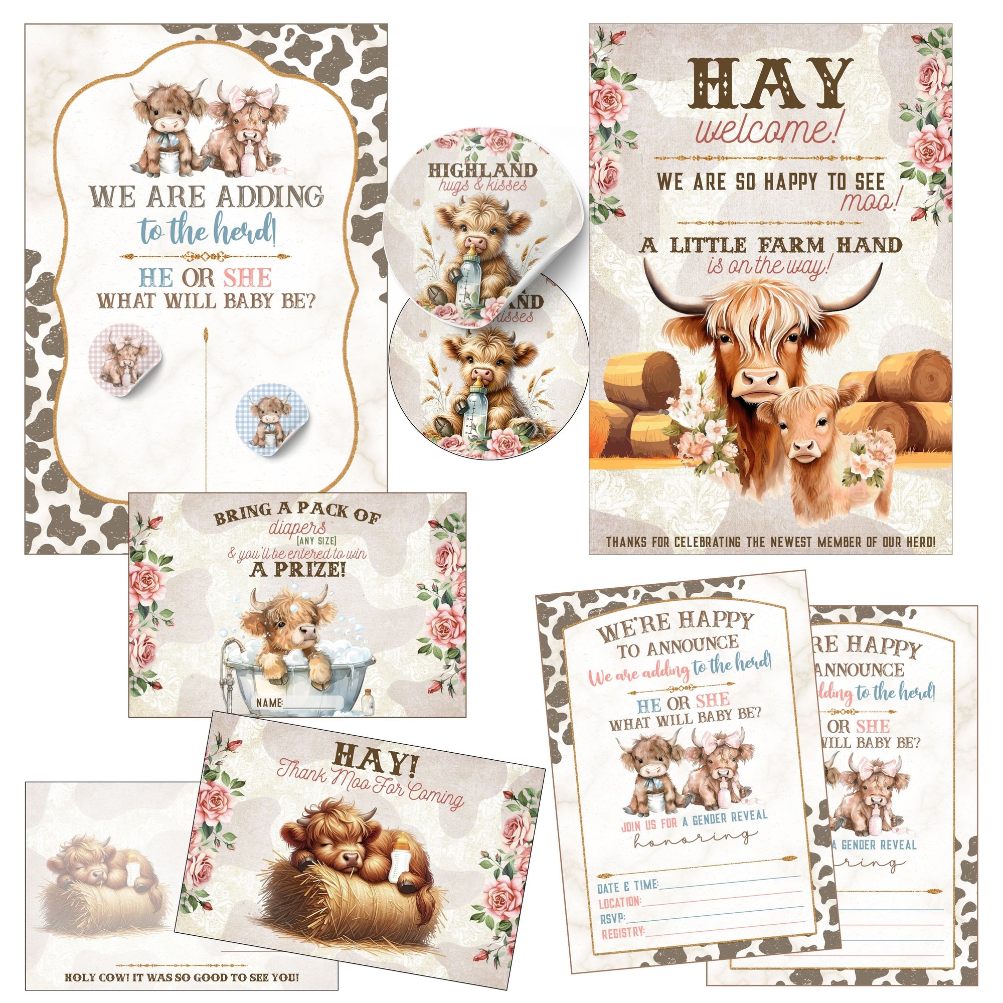 A coordinated set of rustic farm-themed baby gender reveal announcement and welcome cards, stickers, and labels featuring a cow and calf illustration, floral accents, and text such as 'HAY welcome!' and 'We are adding to the herd!'.