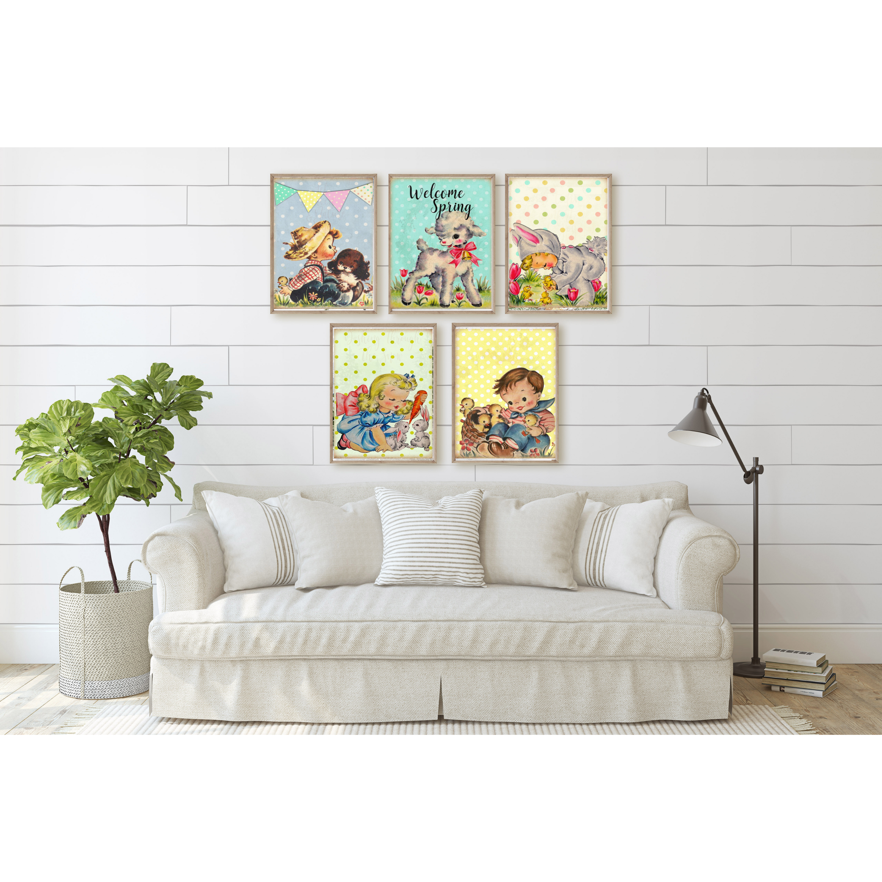 Vintage Spring Children Animal Wall Art Prints (Set of 5) - Digital Download