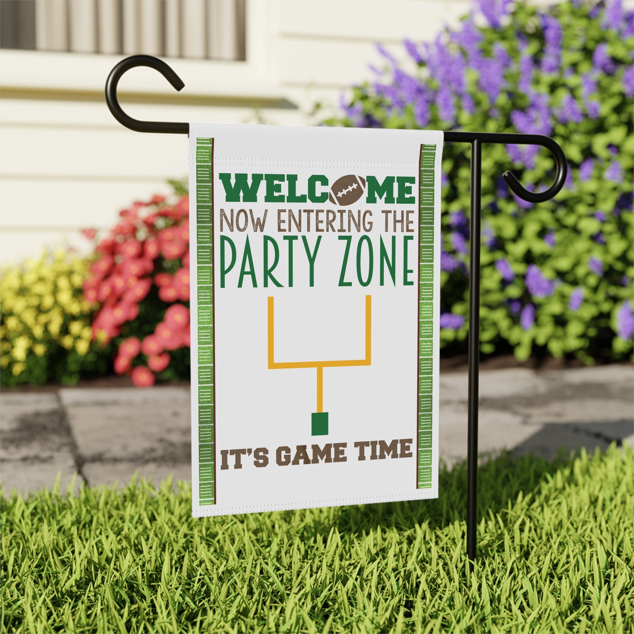 Close-up of Game Time Party Zone football garden flag with sports design detail