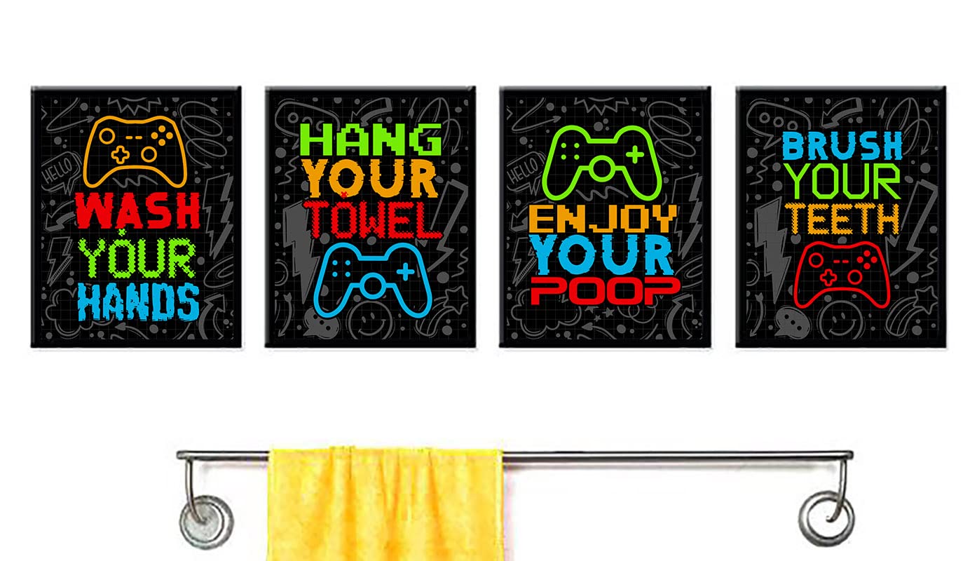 Video Gamer Themed Bathroom Reminders Wall Art Print Decor Decoration Game (Set of 4) Bright Neon Gaming